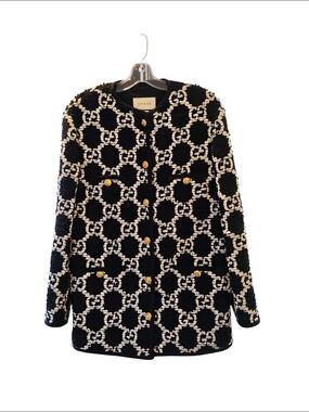 Gucci Black & White GG Tweed Coat with Gold Buttons